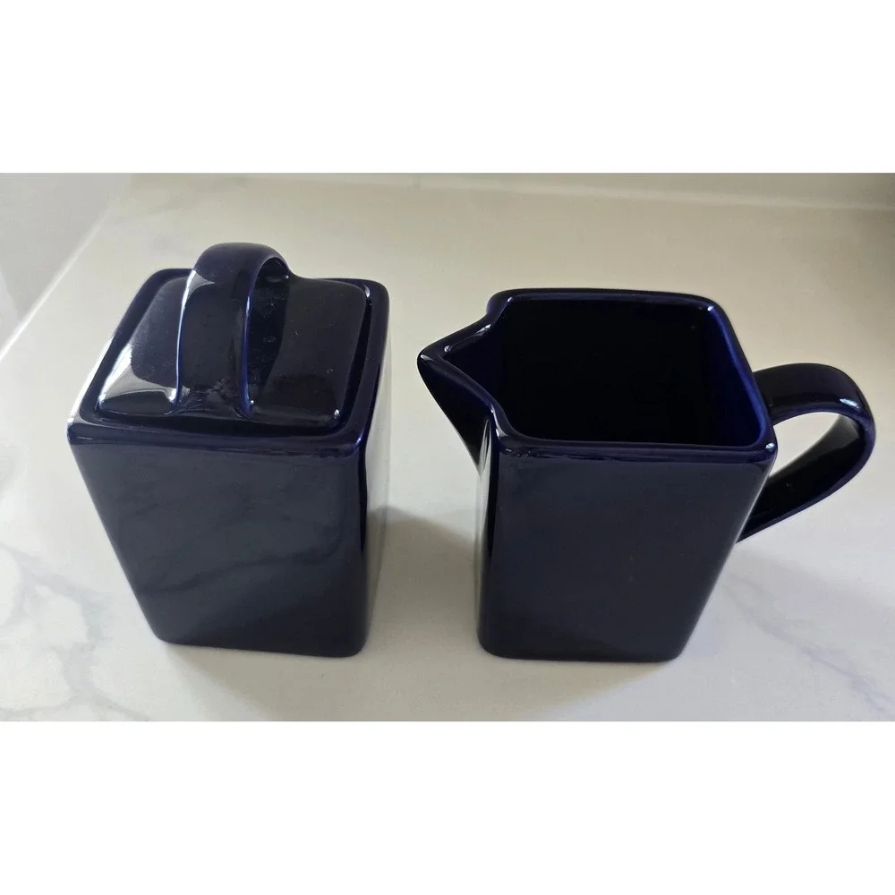 10 Strawberry Street Navy Blue Square Ceramic Creamer and Sugar Bowl Set
